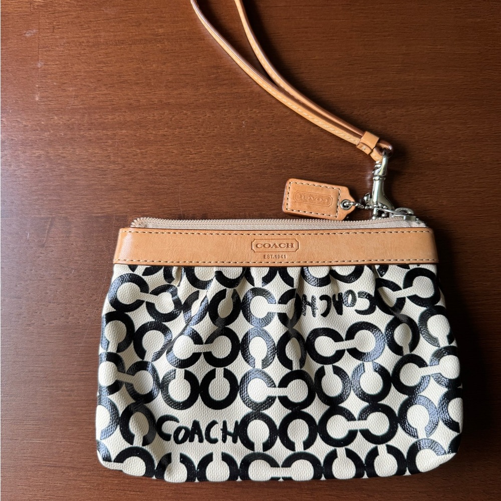 2000s Coach Black, Cream, and and Tan Clutch with Leather Trim